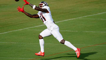 Aug 26, 2020; Flowery Branch, GA, USA; Atlanta Falcons wide receiver Julio Jones (11) catches a ball during an NFL football training camp practice on Wednesday, Aug. 26, 2020, in Flowery Branch, Ga. Mandatory Credit: Brynn Anderson/Pool Photo-USA TODAY Sports