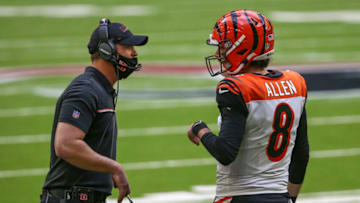 Dec 27, 2020; Houston, Texas, USA; Cincinnati Bengals head coach Zac Taylor talks with quarterback Brandon Allen (8) during the second half against the Houston Texans at NRG Stadium. Mandatory Credit: Troy Taormina-USA TODAY Sports