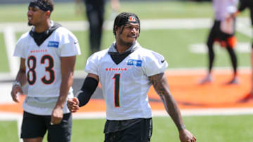 Jun 15, 2021; Cincinnati, Ohio, USA; Cincinnati Bengals wide receiver JaÕMarr Chase (1) walks onto the field during minicamp at Paul Brown Stadium. Mandatory Credit: Katie Stratman-USA TODAY Sports