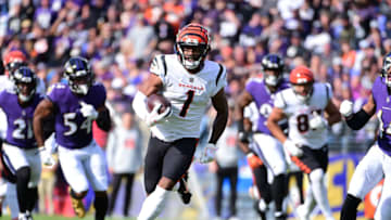 Oct 24, 2021; Baltimore, Maryland, USA; Cincinnati Bengals wide receiver JaMarr Chase (1) runs with the ball in the second quarter against the Baltimore Ravens at M&T Bank Stadium. Mandatory Credit: Evan Habeeb-USA TODAY Sports