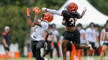 Cincinnati Bengals wide receiver Pooka Williams Jr. (12) catches a pass against cornerback Jalen Davis (35) - Mandatory Credit: Katie Stratman-USA TODAY Sports