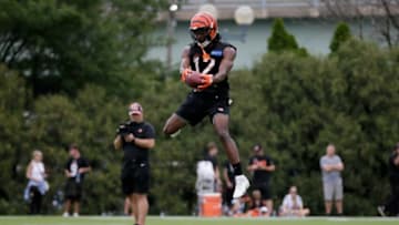 Cincinnati Bengals receiver Pooka Williams Jr. (12) catches a pass during the first day of preseason training camp at the Paul Brown Stadium training facility in downtown Cincinnati on Wednesday, July 27, 2022.Cincinnati Bengals Training Camp