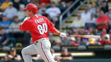 Mar 7, 2016; Bradenton, FL, USA; Philadelphia Phillies catcher Andrew Knapp (80) bats during the seventh inning of a spring training baseball game against the Pittsburgh Pirates at McKechnie Field. The Phillies won 1-0. Mandatory Credit: Reinhold Matay-USA TODAY Sports