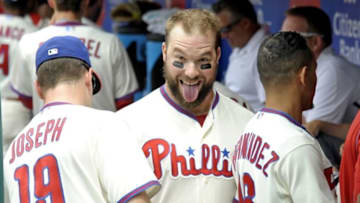 Jul 3, 2016; Philadelphia, PA, USA; Philadelphia Phillies catcher Cameron Rupp (29) celebrates in the dugout after hitting a three-run home run during the first inning against the Kansas City Royals at Citizens Bank Park. Mandatory Credit: Eric Hartline-USA TODAY Sports
