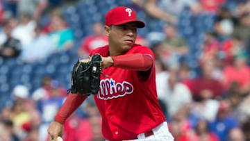 May 18, 2016; Philadelphia, PA, USA; Philadelphia Phillies relief pitcher Jeanmar Gomez (46) pitches during the ninth inning against the Miami Marlins at Citizens Bank Park. The Philadelphia Phillies won 4-2. Mandatory Credit: Bill Streicher-USA TODAY Sports