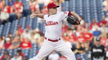 Jul 20, 2016; Philadelphia, PA, USA; Philadelphia Phillies starting pitcher Jeremy Hellickson (58) pitches during the first inning against the Miami Marlins at Citizens Bank Park. Mandatory Credit: Bill Streicher-USA TODAY Sports