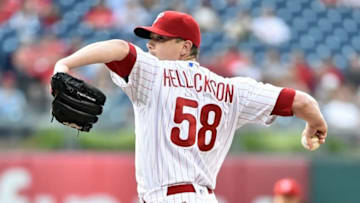 Jun 15, 2016; Philadelphia, PA, USA; Philadelphia Phillies starting pitcher Jeremy Hellickson (58) throws a pitch during the first inning against the Toronto Blue Jays at Citizens Bank Park. Mandatory Credit: Eric Hartline-USA TODAY Sports
