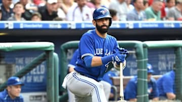 Jun 15, 2016; Philadelphia, PA, USA; Toronto Blue Jays right fielder Jose Bautista (19) stretches before his at bat against the Philadelphia Phillies at Citizens Bank Park. Mandatory Credit: Eric Hartline-USA TODAY Sports