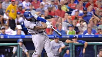 Aug 16, 2016; Philadelphia, PA, USA; Los Angeles Dodgers left fielder Howie Kendrick (47) hits a two run home run against Philadelphia Phillies starting pitcher Vince Velasquez (28) during the fifth inning at Citizens Bank Park. Mandatory Credit: Eric Hartline-USA TODAY Sports