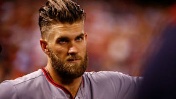 ST. LOUIS, MO - AUGUST 16: Bryce Harper #34 of the Washington Nationals looks on from the dugout during a game against the St. Louis Cardinals at Busch Stadium on August 16, 2018 in St. Louis, Missouri. (Photo by Dilip Vishwanat/Getty Images)