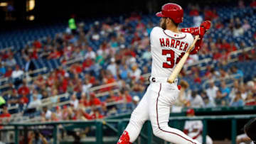 WASHINGTON, DC - SEPTEMBER 05: Bryce Harper #34 of the Washington Nationals hits a double in the first inning against the St. Louis Cardinals at Nationals Park on September 5, 2018 in Washington, DC. (Photo by Patrick McDermott/Getty Images)