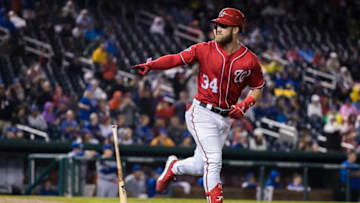 WASHINGTON, DC - SEPTEMBER 08: Bryce Harper #34 of the Washington Nationals hits a two-run home run against the Chicago Cubs during the seventh inning of game two of a doubleheader at Nationals Park on September 8, 2018 in Washington, DC. (Photo by Scott Taetsch/Getty Images)