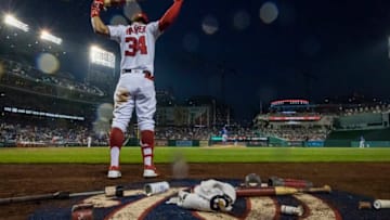 WASHINGTON, DC - SEPTEMBER 08: Bryce Harper #34 of the Washington Nationals warms up against the Chicago Cubs during the seventh inning of game one of a doubleheader at Nationals Park on September 8, 2018 in Washington, DC. (Photo by Scott Taetsch/Getty Images)
