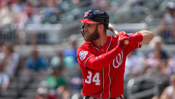 ATLANTA, GA - SEPTEMBER 15: Bryce Harper #34 of the Washington Nationals waits for the pitch from the Atlanta Braves at SunTrust Park on September 15, 2018 in Atlanta, Georgia.(Photo by Kelly Kline/GettyImages)