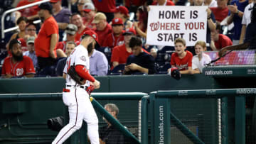 WASHINGTON, DC - SEPTEMBER 26: Bryce Harper #34 of the Washington Nationals walks to the dugout in the sixth inning against the Miami Marlins at Nationals Park on September 26, 2018 in Washington, DC. (Photo by Rob Carr/Getty Images)