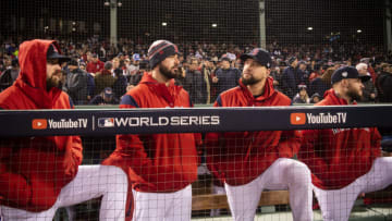 BOSTON, MA - OCTOBER 24: Heath Hembree #37, Brnadon Workman #44, Brian Johnson #61, and Ryan Brasier #70 of the Boston Red Sox look on before game two of the 2018 World Series against the Los Angeles Dodgers on October 23, 2018 at Fenway Park in Boston, Massachusetts. (Photo by Billie Weiss/Boston Red Sox/Getty Images)