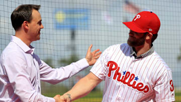 Bryce Harper is introduced to the Philadelphia Phillies by General Manager Matt Klentak (Photo by Mike Ehrmann/Getty Images)