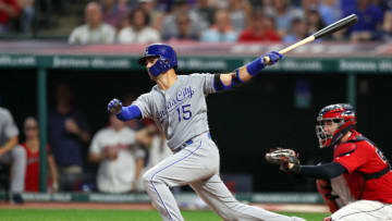 CLEVELAND, OH - JULY 20: Kansas City Royals right fielder Whit Merrifield (15) singles to left field during the eighth inning of the Major League Baseball game between the Kansas City Royals and Cleveland Indians on July 20, 2019, at Progressive Field in Cleveland, OH. (Photo by Frank Jansky/Icon Sportswire via Getty Images)