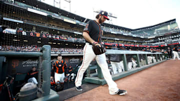 SAN FRANCISCO, CALIFORNIA - JULY 06: Starting pitcher Madison Bumgarner #40 of the San Francisco Giants walks out of the dugout for their game against the St. Louis Cardinals at Oracle Park on July 06, 2019 in San Francisco, California. (Photo by Ezra Shaw/Getty Images)