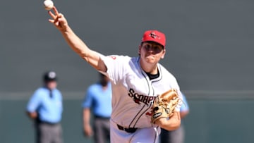 SCOTTSDALE, AZ - OCTOBER 10: Spencer Howard #34 of the Scottsdale Scorpions pitches against the Surprise Saguaros at Salt River Fields at Talking Stick on Thursday, October 10, 2019 in Scottsdale, Arizona. (Photo by Buck Davidson/MLB Photos via Getty Images)