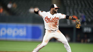 BALTIMORE, MD - SEPTEMBER 17: Jonathan Villar #2 of the Baltimore Orioles throws the ball to first base against the Toronto Blue Jays at Oriole Park at Camden Yards on September 17, 2019 in Baltimore, Maryland. (Photo by G Fiume/Getty Images)