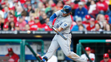 PHILADELPHIA, PA - APRIL 05: Mike Moustakas #8 of the Kansas City Royals gets a base hit to load the bases in the seventh inning of the Opening Day game against the Philadelphia Phillies at Citizens Bank Park on April 5, 2013 in Philadelphia, Pennsylvania. The Royals won 13 to 4. (Photo by Brian Garfinkel/Getty Images)