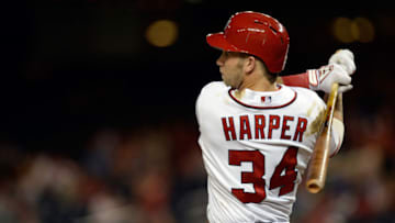 WASHINGTON, DC - AUGUST 09: Bryce Harper #34 of the Washington Nationals lines out in the fifth inning during a game against the Philadelphia Phillies at Nationals Park on August 9, 2013 in Washington, DC. (Photo by Patrick McDermott/Getty Images)