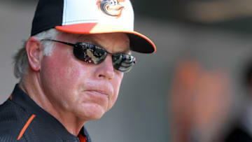 14 MAR 2016: Manager Buck Showalter of the Orioles during the spring training game between the Philadelphia Phillies and the Baltimore Orioles at Ed Smith Stadium in Sarasota, Florida. (Cliff Welch/Icon Sportswire) (Photo by Cliff Welch/Icon Sportswire/Corbis/Icon Sportswire via Getty Images)