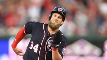WASHINGTON, DC - APRIL 14: Bryce Harper #34 of the Washington Nationals rounds second base to score on Daniel Murphy #20's (not pictured) game winning double in the tenth inning during a baseball game against the Philadelphia Phillies at Nationals Park on April 14, 2017 in Washington, D.C. The Nationals won 3-2 in ten innings. (Photo by Mitchell Layton/Getty Images)
