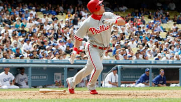 LOS ANGELES, CA - JUNE 06: Greg Dobbs #19 of the Philadelphia Phillies bats against the Los Angeles Dodgers at Dodger Stadium on June 6, 2009 in Los Angeles, California. The Dodgers defeated the Phillies 3-2 in 12 innings. (Photo by Jeff Gross/Getty Images)