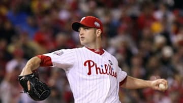 PHILADELPHIA - OCTOBER 31: J.A. Happ #43 of the Philadelphia Phillies pitches against the New York Yankees in Game Three of the 2009 MLB World Series at Citizens Bank Park on October 31, 2009 in Philadelphia, Pennsylvania. (Photo by Nick Laham/Getty Images)