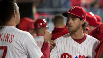 Rhys Hoskins #17 and Aaron Nola #27 of the Philadelphia Phillies (Photo by Mitchell Leff/Getty Images)