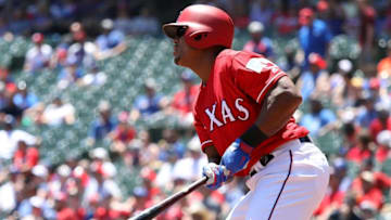 ARLINGTON, TX - MAY 09: Adrian Beltre #29 of the Texas Rangers hits a rbi single in the first inning against the Detroit Tigers at Globe Life Park in Arlington on May 9, 2018 in Arlington, Texas. (Photo by Ronald Martinez/Getty Images)