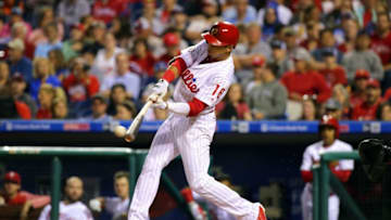 PHILADELPHIA, PA - JULY 29: Cesar Hernandez #16 of the Philadelphia Phillies hits a triple in the eighth inning during a game against the Atlanta Braves at Citizens Bank Park on July 29, 2017 in Philadelphia, Pennsylvania. The Phillies won 4-3 in 11 innings. (Photo by Hunter Martin/Getty Images)