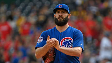 PITTSBURGH, PA - SEPTEMBER 04: Jake Arrieta #49 of the Chicago Cubs reacts after giving up a single to David Freese #23 of the Pittsburgh Pirates in the first inning during the game at PNC Park on September 4, 2017 in Pittsburgh, Pennsylvania. (Photo by Justin Berl/Getty Images)