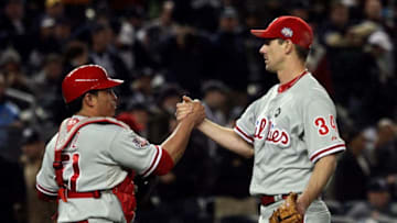NEW YORK - OCTOBER 28: (L-R) Carlos Ruiz #51 and Cliff Lee #34 of the Philadelphia Phillies celebrate after their 6-1 win against the New York Yankees in Game One of the 2009 MLB World Series at Yankee Stadium on October 28, 2009 in the Bronx borough of New York City. (Photo by Jim McIsaac/Getty Images)