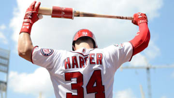WASHINGTON, DC - AUGUST 04: Bryce Harper #34 of the Washington Nationals gets ready to bat in the sixth inning against the Cincinnati Reds during game one of a doubleheader at Nationals Park on August 4, 2018 in Washington, DC. (Photo by Greg Fiume/Getty Images)