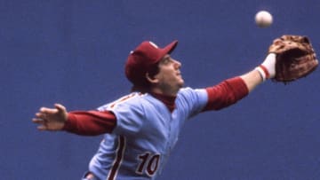 MONTREAL - OCTOBER 7: Larry Bowa #10 of the Philadelphia Phillies misses the ball during the National League Divisional Playoffs against the Montreal Expos at Olympic Stadium on October 7, 1981 in Montreal, Quebec, Canada. (Photo by Ronald C. Modra/Getty Images)