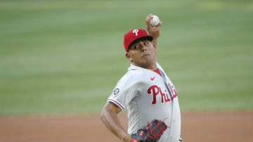 Aug 2, 2021; Washington, District of Columbia, USA; Philadelphia Phillies relief pitcher Ranger Suarez (55) throws the ball against the Washington Nationals during the first inning at Nationals Park. Mandatory Credit: Amber Searls-USA TODAY Sports