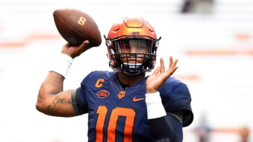 Sep 4, 2015; Syracuse, NY, USA; Syracuse Orange quarterback Terrel Hunt (10) warms up prior to the game against the Rhode Island Rams at the Carrier Dome. Mandatory Credit: Rich Barnes-USA TODAY Sports