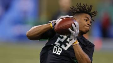 Feb 29, 2016; Indianapolis, IN, USA; Florida Gators defensive back Vernon Hargreaves goes through a workout drill during the 2016 NFL Scouting Combine at Lucas Oil Stadium. Mandatory Credit: Brian Spurlock-USA TODAY Sports