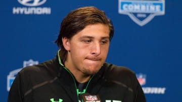 Feb 25, 2016; Indianapolis, IN, USA; Stanford tight end Austin Hooper speaks to the media during the 2016 NFL Scouting Combine at Lucas Oil Stadium. Mandatory Credit: Trevor Ruszkowski-USA TODAY Sports