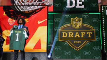 Apr 30, 2015; Chicago, IL, USA; Leonard Williams (Southern California) poses for a photo after being selected as the number sixth overall pick to the New York Jets in the first round of the 2015 NFL Draft at the Auditorium Theatre of Roosevelt University. Mandatory Credit: Dennis Wierzbicki-USA TODAY Sports