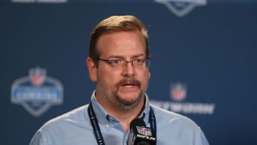 Feb 18, 2015; Indianapolis, IN, USA; New York Jets general manager Mike Maccagnan speaks to the media during the 2015 NFL Combine at Lucas Oil Stadium. Mandatory Credit: Brian Spurlock-USA TODAY Sports