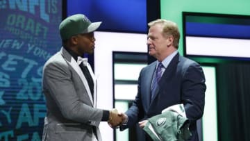 Apr 28, 2016; Chicago, IL, USA; Darron Lee (Ohio State) with NFL commissioner Roger Goodell after being selected by the New York Jets as the number twenty overall pick in the first round of the 2016 NFL Draft at Auditorium Theatre. Mandatory Credit: Kamil Krzaczynski-USA TODAY Sports