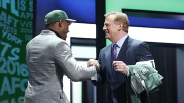 Apr 28, 2016; Chicago, IL, USA; Darron Lee (Ohio State) with NFL commissioner Roger Goodell after being selected by the New York Jets as the number twenty overall pick in the first round of the 2016 NFL Draft at Auditorium Theatre. Mandatory Credit: Kamil Krzaczynski-USA TODAY Sports