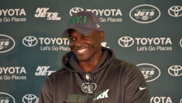 Oct 2, 2015; Sunbury-on-Thames, United Kingdom; New York Jets coach Todd Bowles at press conference after practice at the Hazelwood in advance of the NFL International Series game against the Miami Dolphins. Mandatory Credit: Kirby Lee-USA TODAY Sports