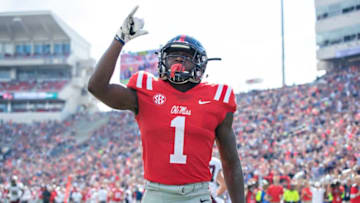 OXFORD, MS - SEPTEMBER 8: A.J. Brown #1 of the Mississippi Rebels points to the sky after scoring a touchdown against the Southern Illinois Salukis during the first half at Vaught-Hemingway Stadium on September 8, 2018 in Oxford, Mississippi. (Photo by Wesley Hitt/Getty Images)