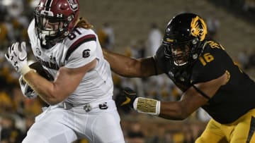 COLUMBIA, MO - SEPTEMBER 9: Tight end Hayden Hurst #81 of the South Carolina Gamecocks gets past Marcell Frazier #16 of the Missouri Tigers as he goes in for a touchdown in the fourth quarter at Memorial Stadium on September 9, 2017 in Columbia, Missouri. (Photo by Ed Zurga/Getty Images)