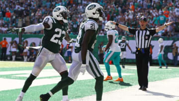 EAST RUTHERFORD, NJ - SEPTEMBER 24: Terrence Brooks #23 congratulates Morris Claiborne #21 of the New York Jets after breaking up a pass attempt on fourth down against the Miami Dolphins during the second half of an NFL game at MetLife Stadium on September 24, 2017 in East Rutherford, New Jersey. The New York Jets defeated the Miami Dolphins 20-6. (Photo by Al Bello/Getty Images)